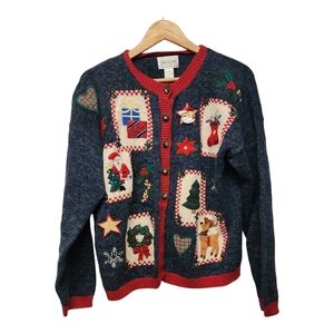 🎄 Vintage 90s Festive Holiday cardigan Sweater with Red Trim